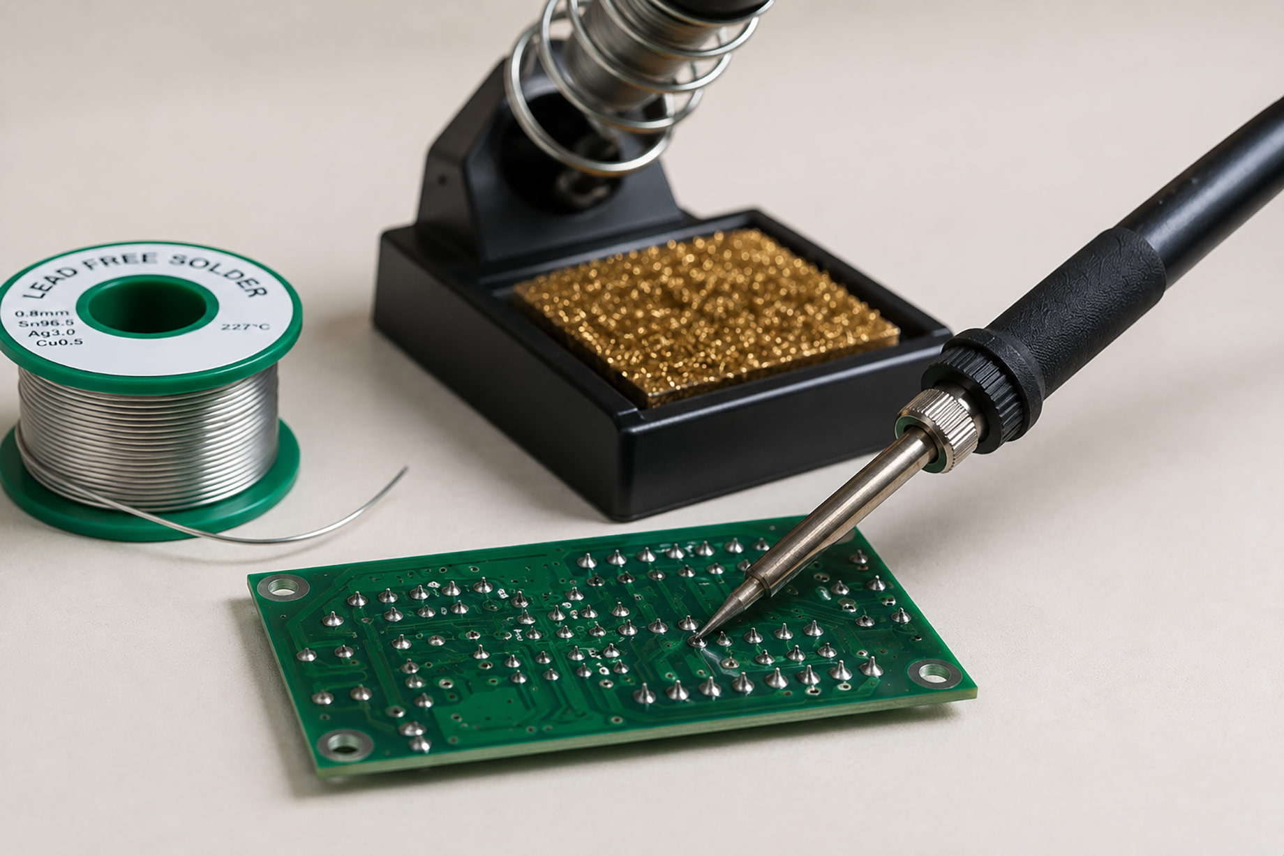 Soldering iron applies heat to a circuit board beside lead-free solder wire, a tip stand, and a brass tip cleaner on a clean workbench.