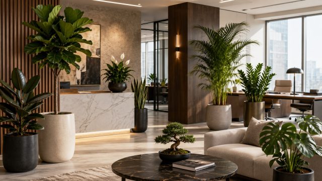 Modern office lounge with indoor plants in designer planters, including fiddle leaf fig, palm, snake plant, peace lily, bonsai, and monstera.