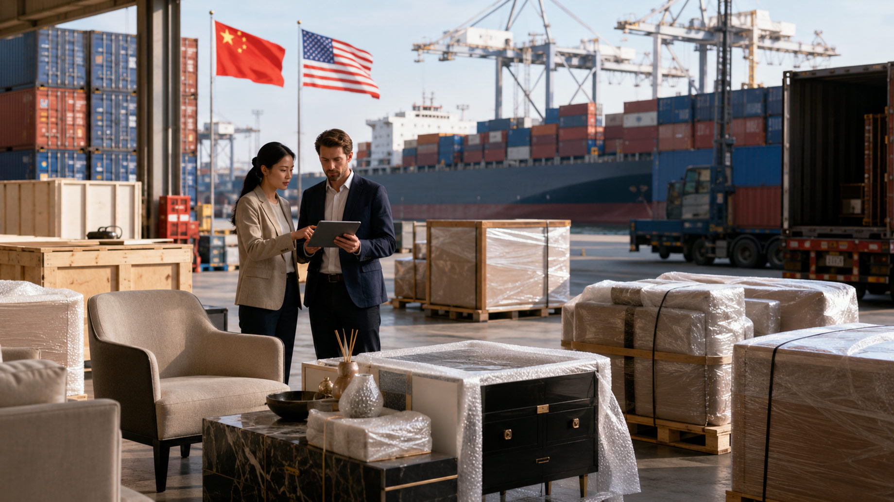 International sourcing professionals inspect premium furniture and packaged goods at a shipping terminal with cargo containers and a vessel in the background.