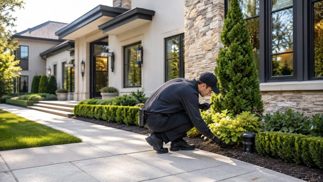 Pest control technician inspecting landscaped planting beside the stone exterior of a high-end modern home.