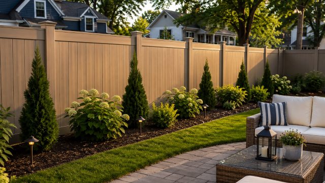 Backyard patio with a tall beige privacy fence, landscaped garden beds, shrubs, path lights, wicker seating, and suburban homes beyond.