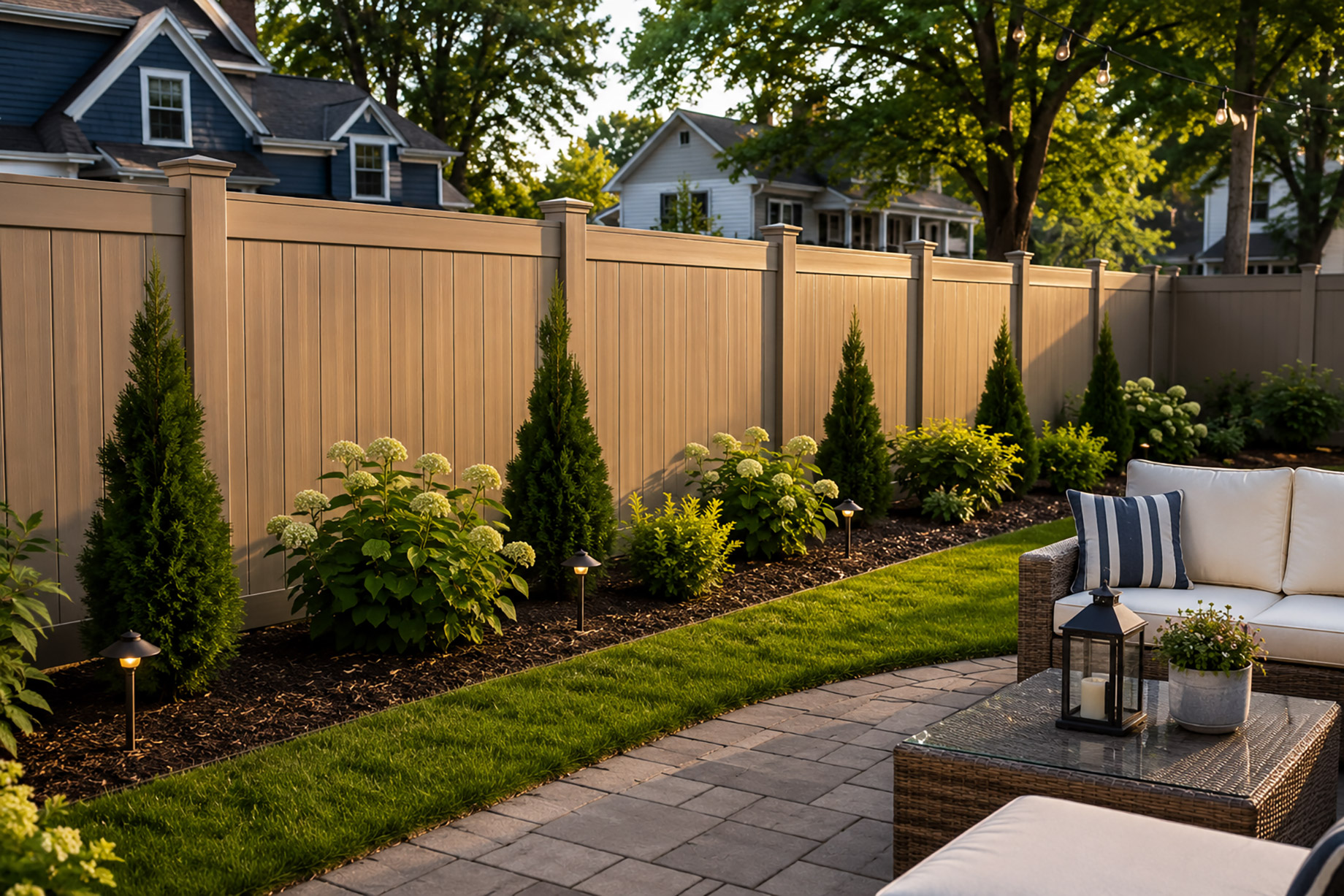 Backyard patio with a tall beige privacy fence, landscaped garden beds, shrubs, path lights, wicker seating, and suburban homes beyond.