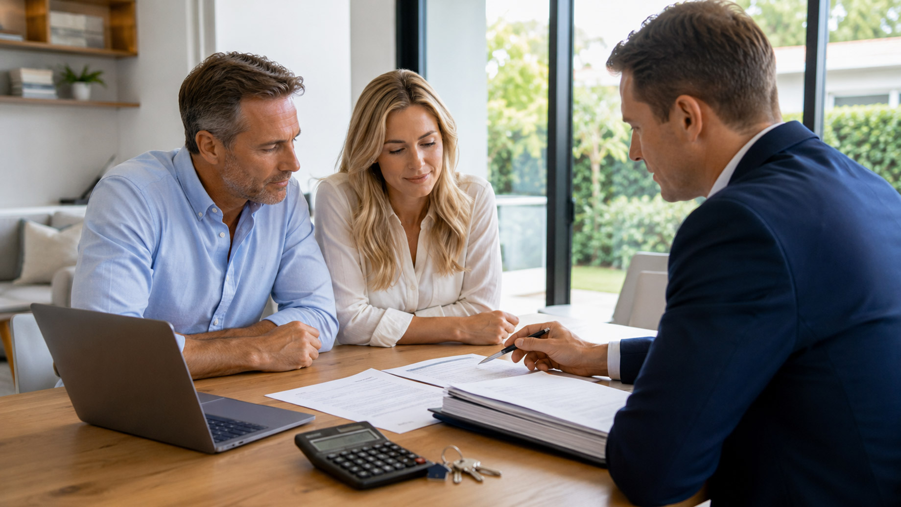 Couple meeting with a lending adviser at a modern table with loan documents, calculator, laptop, and house keys.