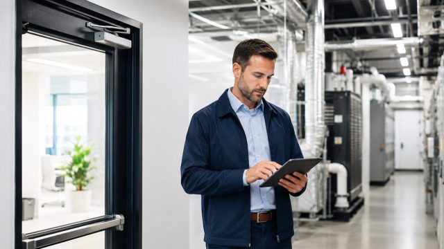 Facility manager using a tablet to inspect building systems beside mechanical equipment, electrical cabinets, ductwork, and a fire-rated door.