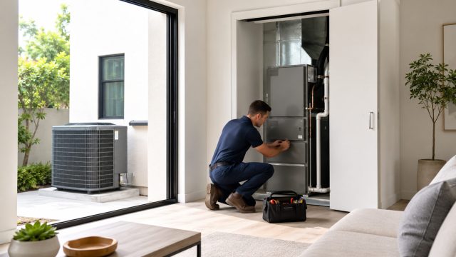 HVAC technician installing and testing a central air conditioning system in a bright modern home, with the outdoor condenser visible nearby.