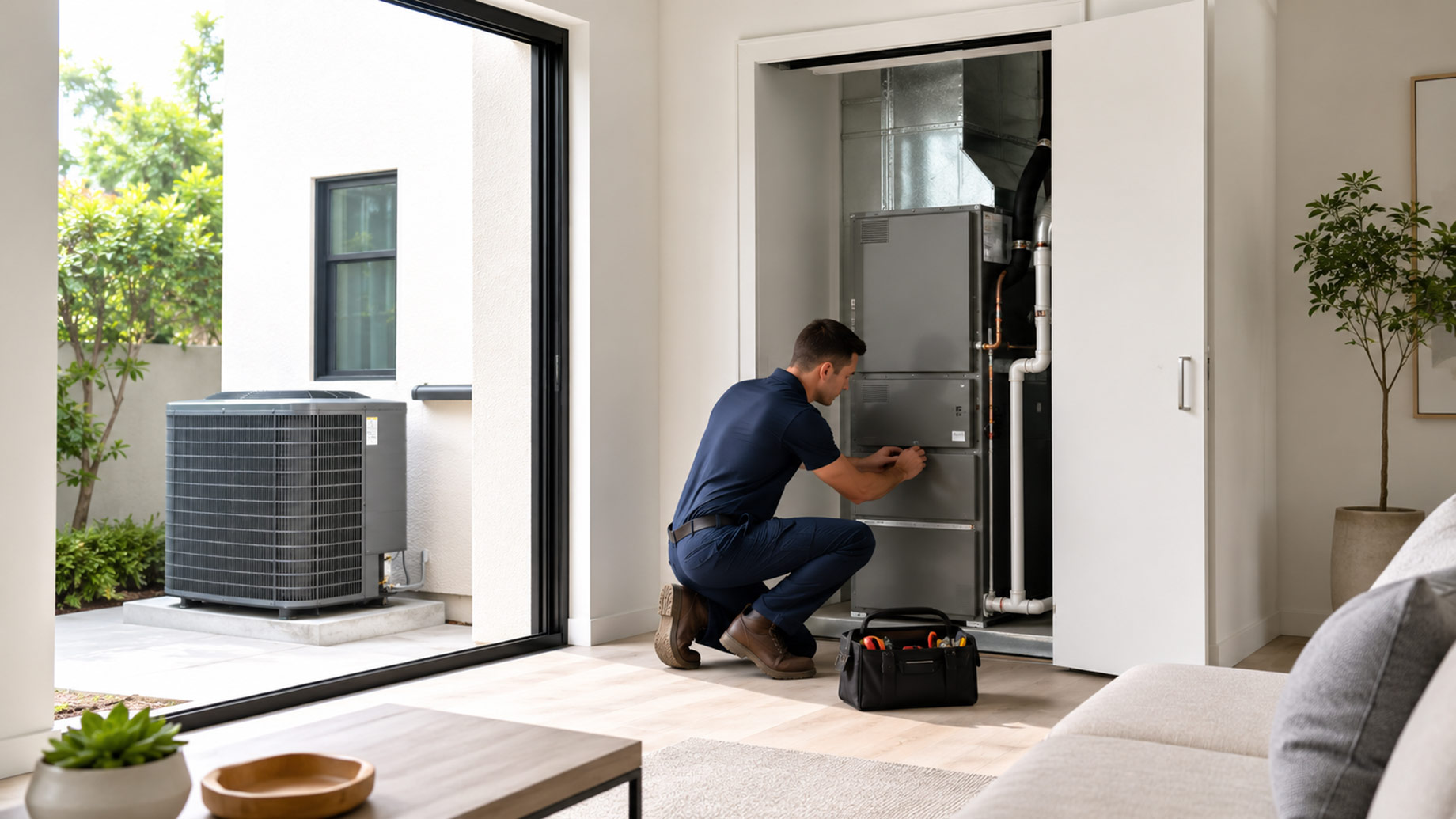 HVAC technician installing and testing a central air conditioning system in a bright modern home, with the outdoor condenser visible nearby.