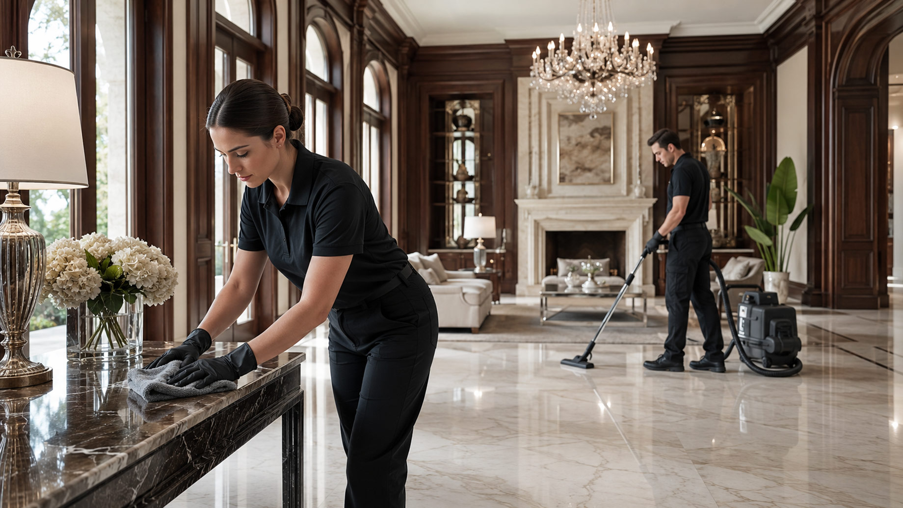 Professional cleaning team carefully maintains polished marble floors and a stone console inside an elegant luxury residence.