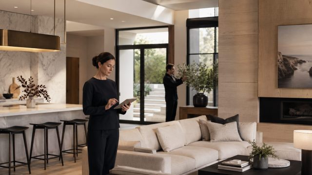 Home concierge using a tablet to coordinate household services inside a refined luxury residence while another professional arranges the interior.