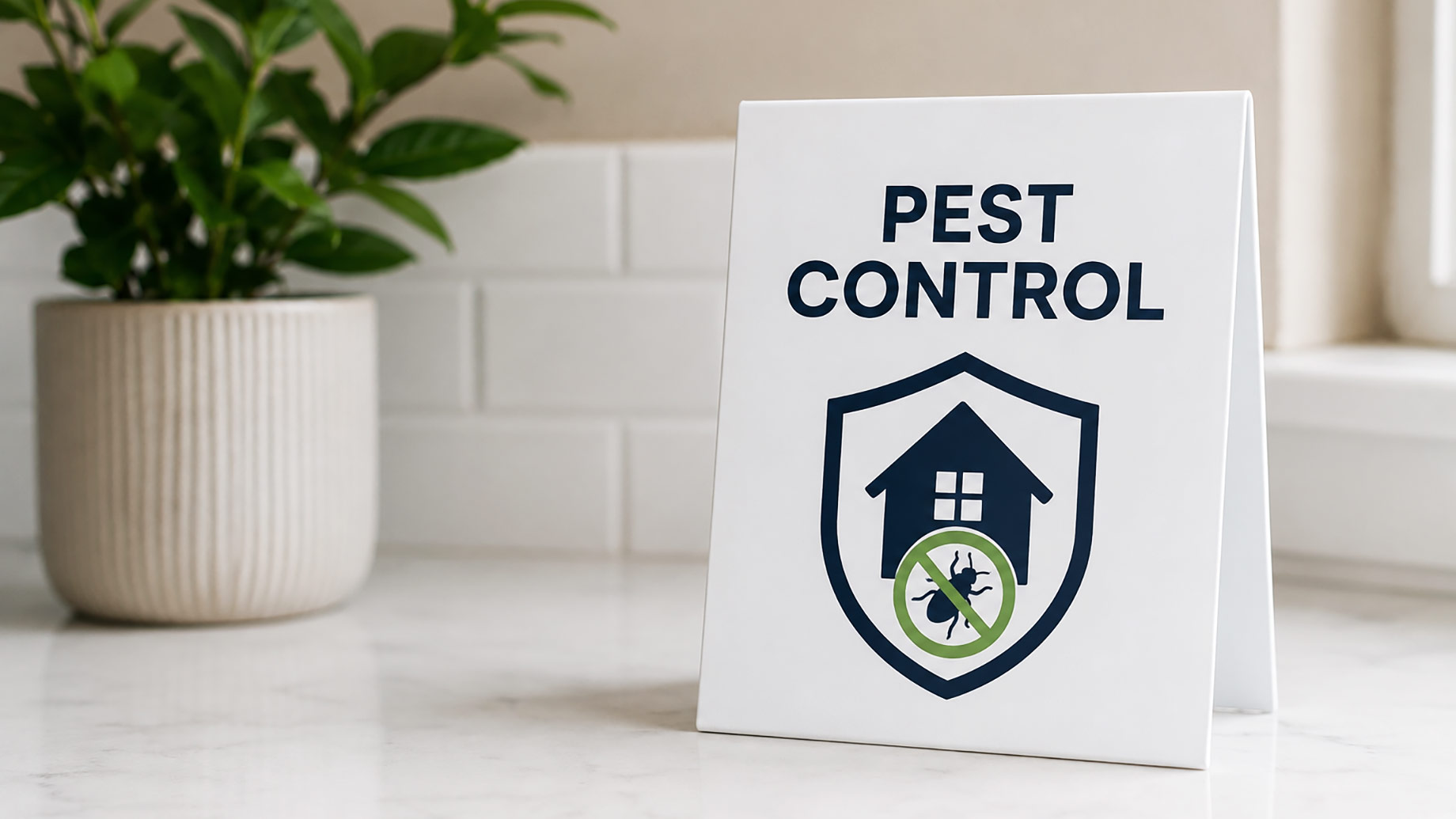 Pest control sign with a protective home symbol displayed on a marble countertop in a clean, modern interior.