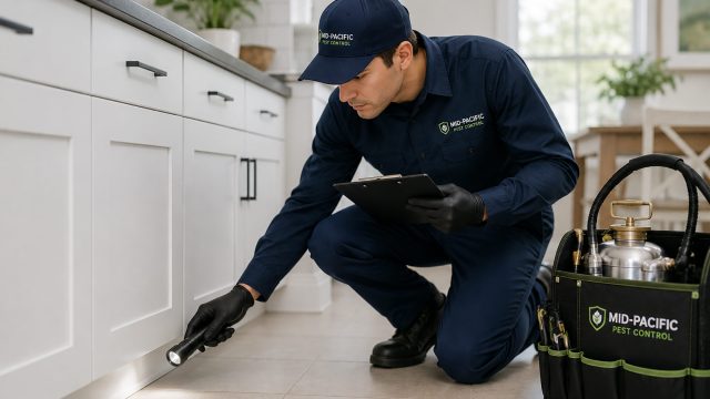 Mid-Pacific Pest Control technician inspecting the baseboards of a bright modern kitchen with a flashlight, clipboard, and organised equipment bag.