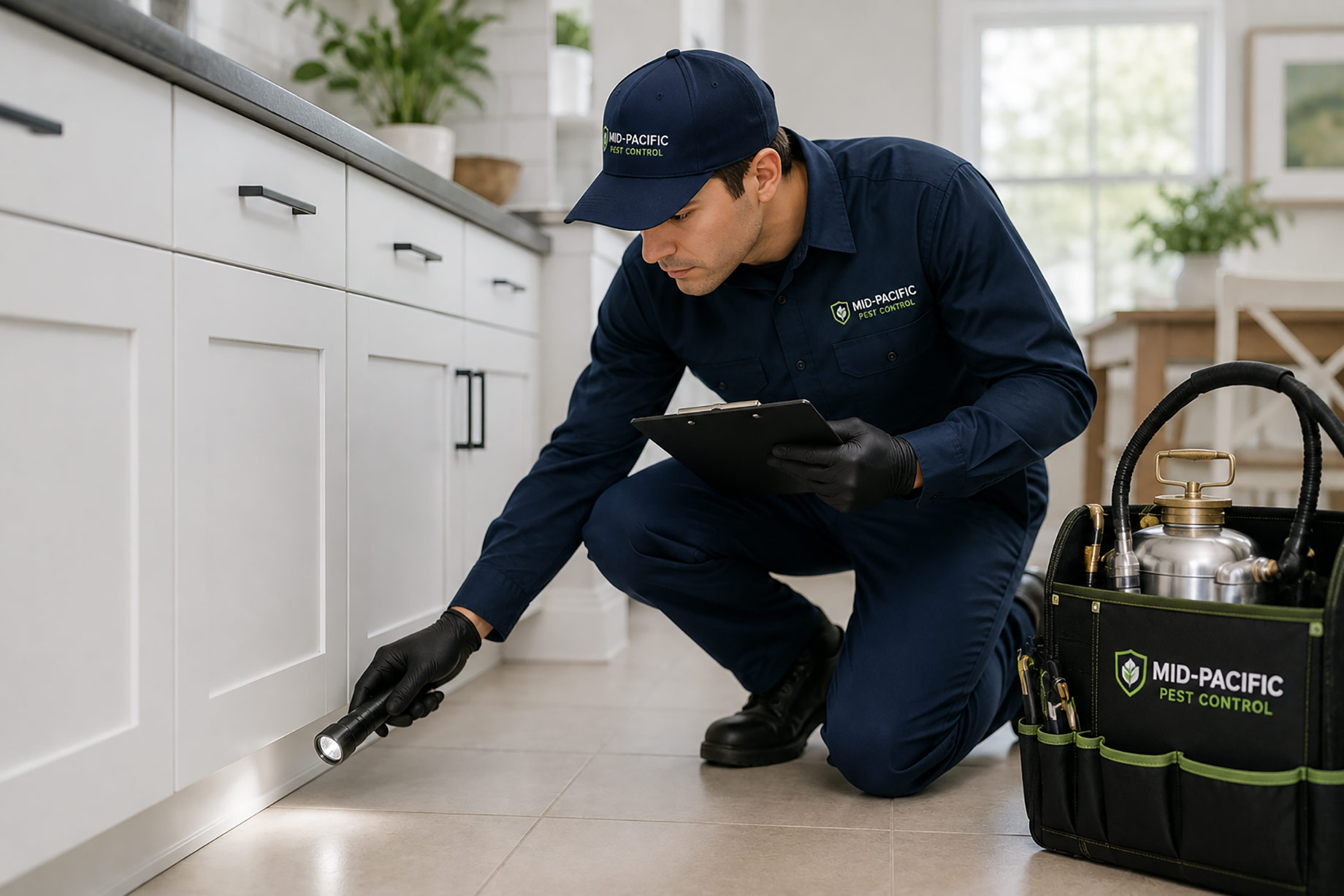 Mid-Pacific Pest Control technician inspecting the baseboards of a bright modern kitchen with a flashlight, clipboard, and organised equipment bag.