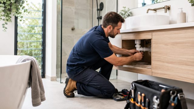 Licensed plumber inspecting and repairing sink drainage beneath a floating timber vanity in a bright contemporary bathroom.
