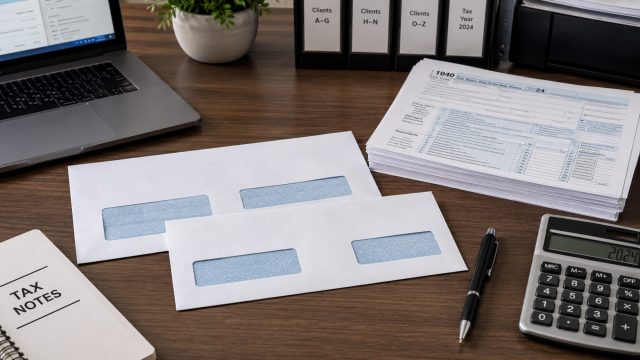 Double-window security tax envelopes arranged beside federal tax forms, a calculator, laptop, pen, and organised client files on an accounting desk.