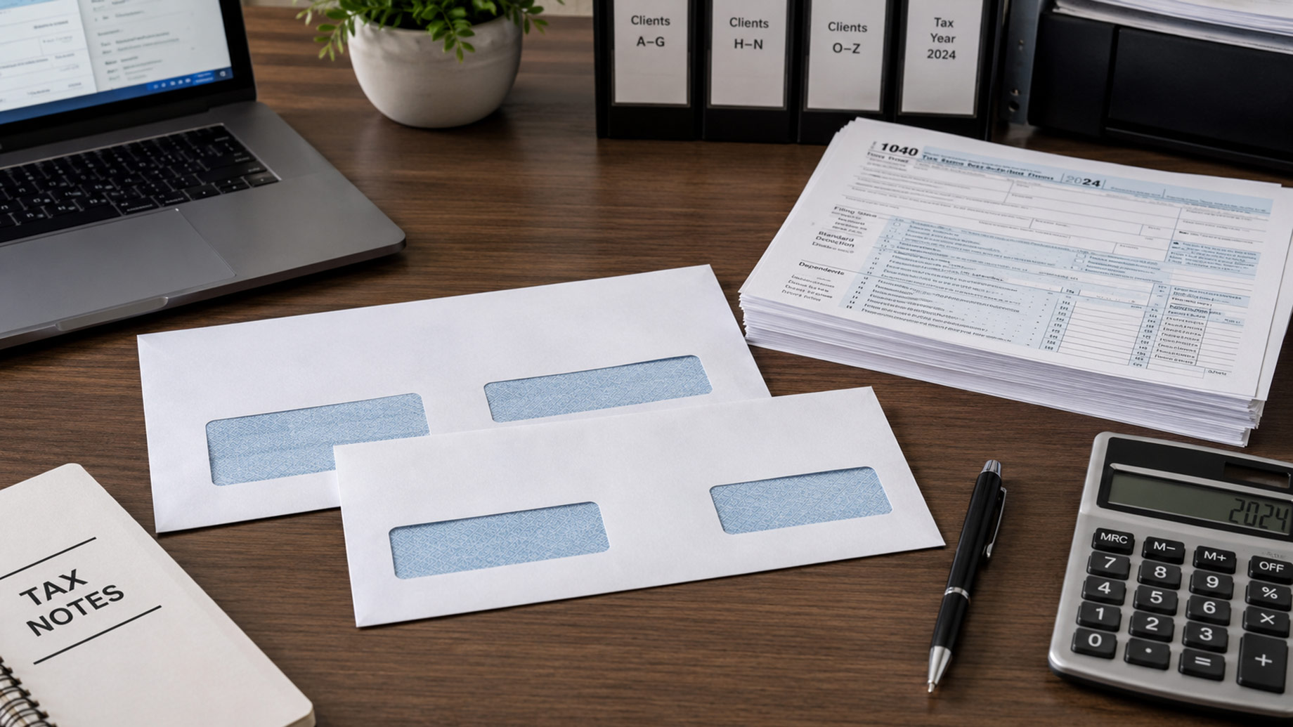 Double-window security tax envelopes arranged beside federal tax forms, a calculator, laptop, pen, and organised client files on an accounting desk.