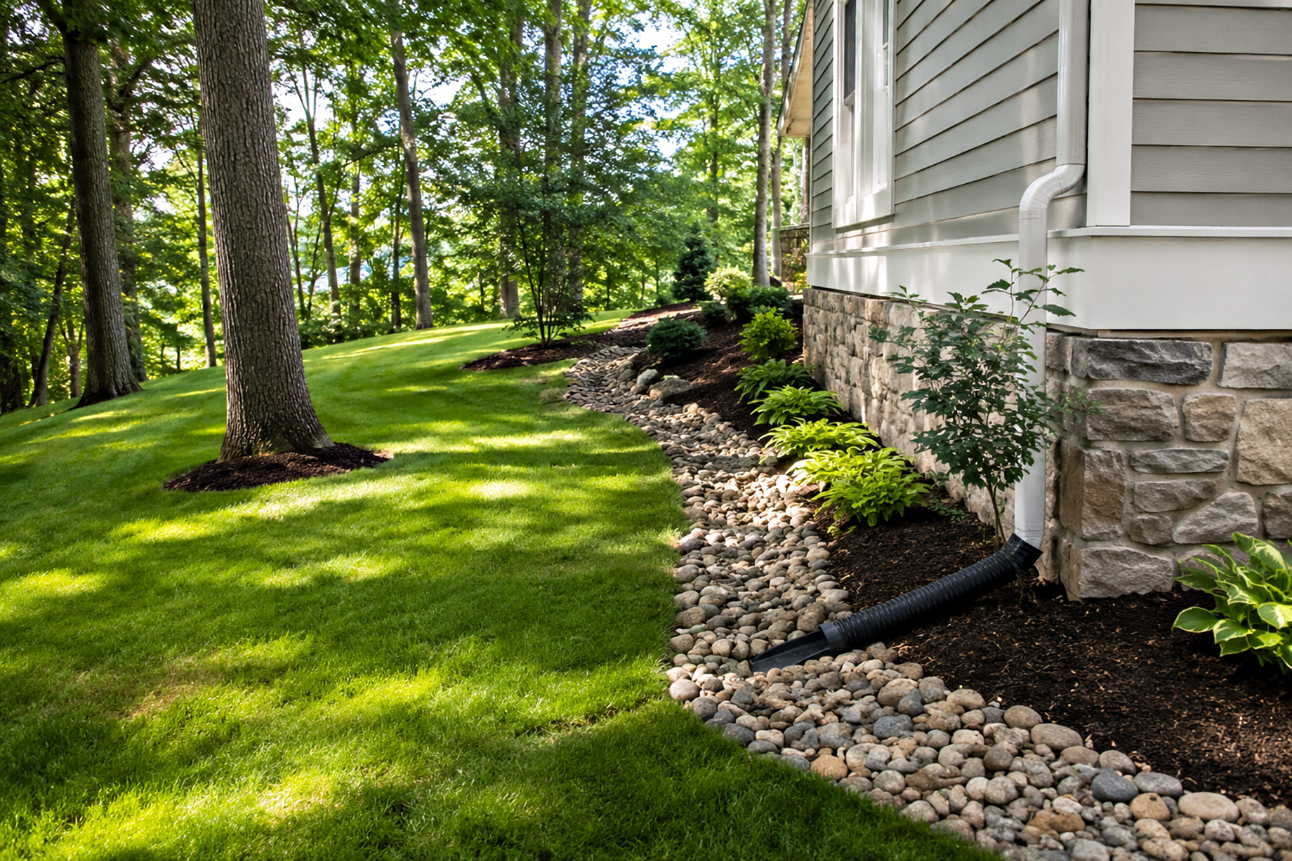 Graded lawn beside a home with a downspout extension directing water into a stone-lined drainage channel away from the foundation.