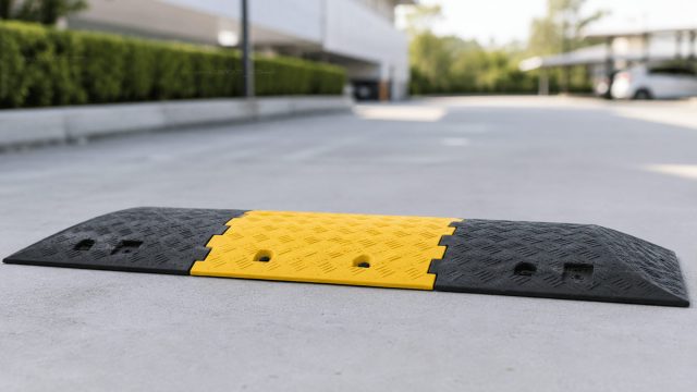 Raised black and yellow modular speed bump installed across a commercial parking lot lane with a softly blurred property in the background.