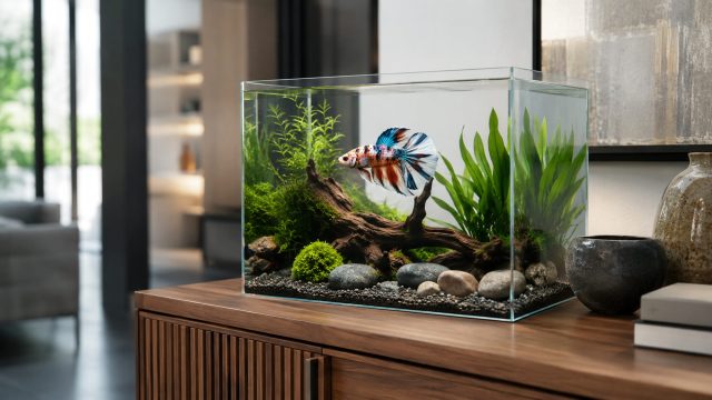 Rare multicolored Thai betta fish swimming in a planted glass aquarium displayed on a timber cabinet in a modern living room.