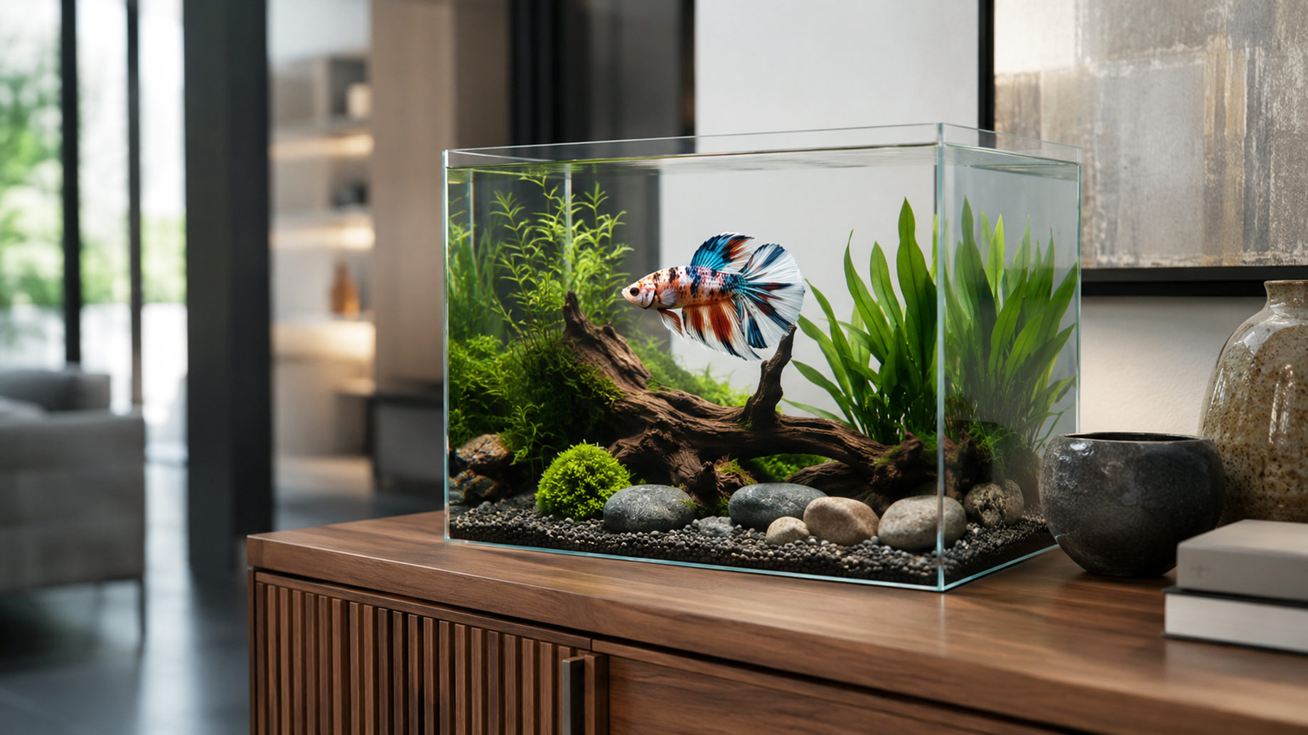 Rare multicolored Thai betta fish swimming in a planted glass aquarium displayed on a timber cabinet in a modern living room.