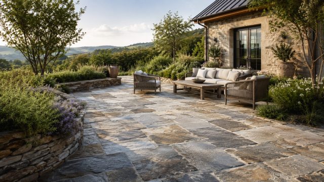 Reclaimed natural stone paving surrounds an elegant outdoor seating area beside a country home, framed by layered planting and distant hills.