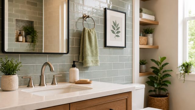 Modern bathroom with clean sage-green tiles, bright grout, updated brushed metal fixtures, timber shelving, fresh towels, plants, and botanical wall art.