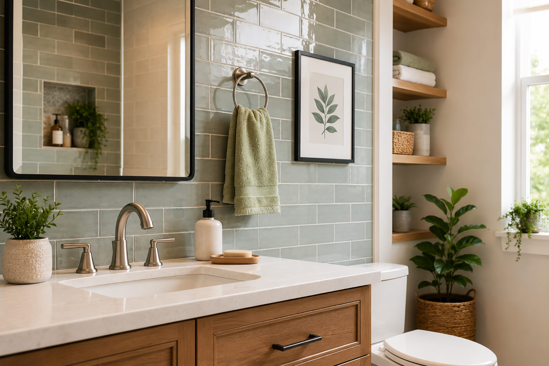 Modern bathroom with clean sage-green tiles, bright grout, updated brushed metal fixtures, timber shelving, fresh towels, plants, and botanical wall art.
