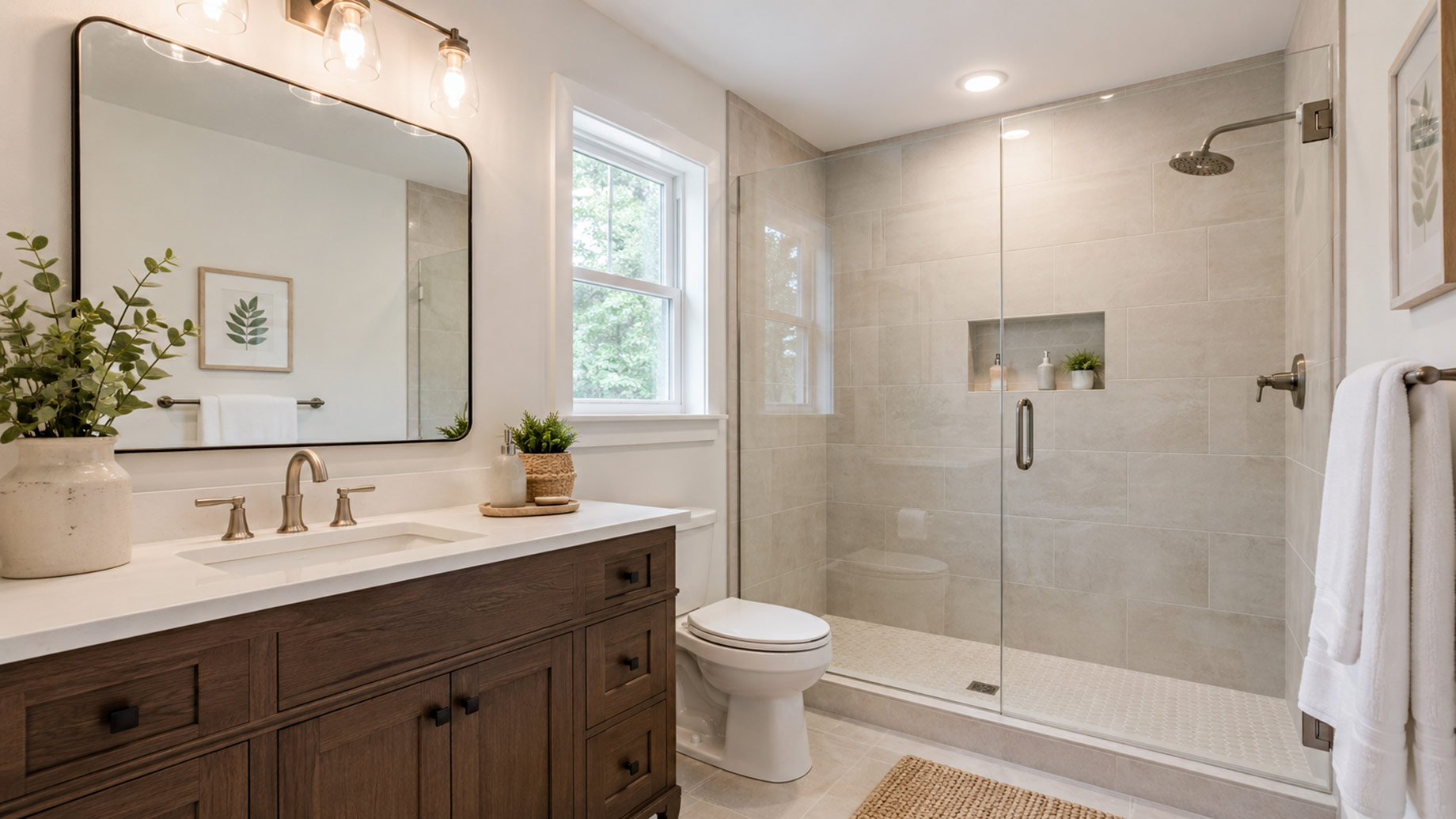 Bright updated bathroom with a frameless glass shower, neutral tile, wood vanity, modern fixtures, and warm vanity lighting.