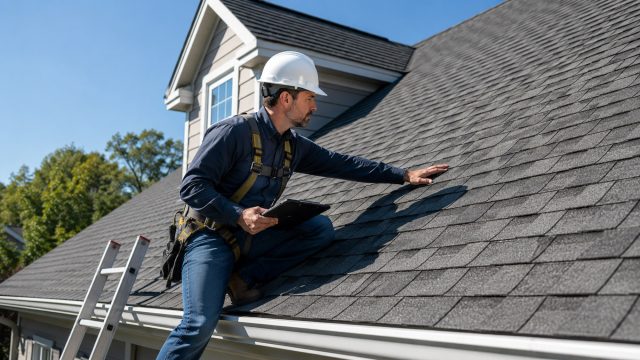Roofing professional wearing a hard hat and safety harness inspecting asphalt shingles on a residential roof with a clipboard in hand.
