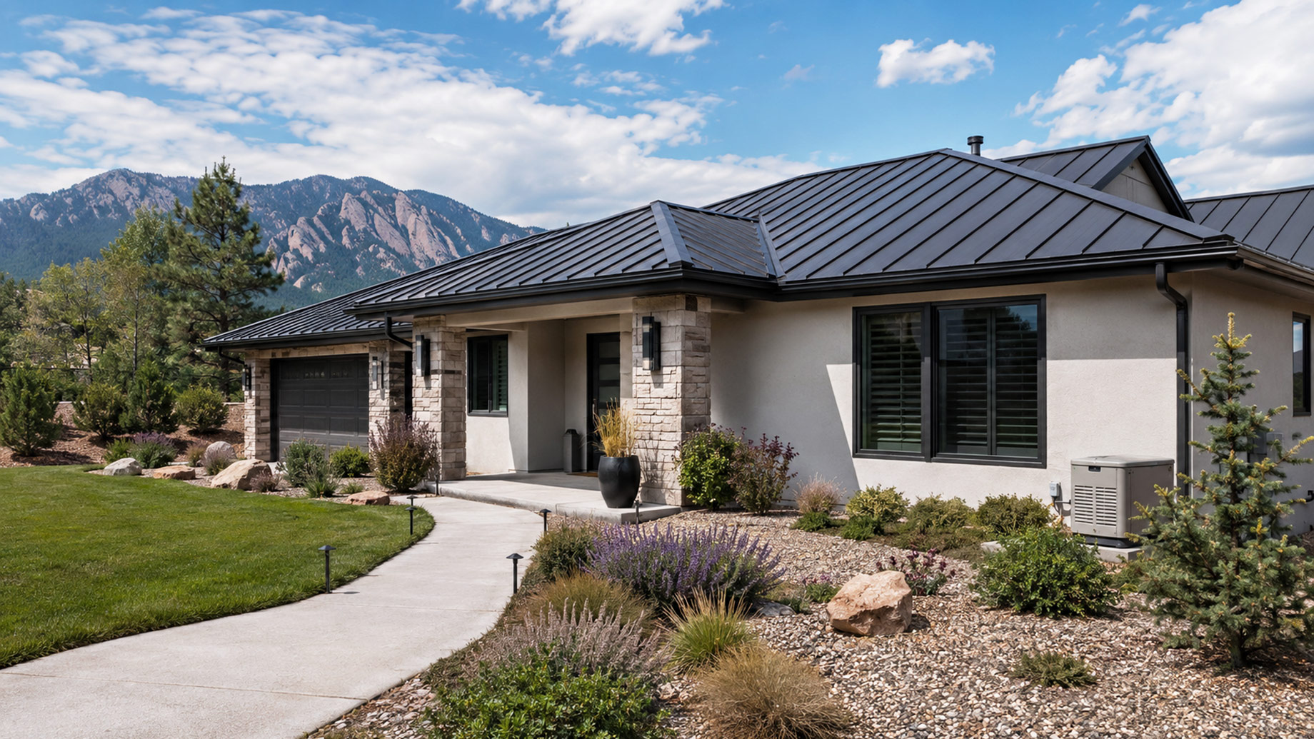 Modern Boulder home with a metal roof, protected windows, backup generator, fire-conscious landscaping, and Flatirons mountain views.