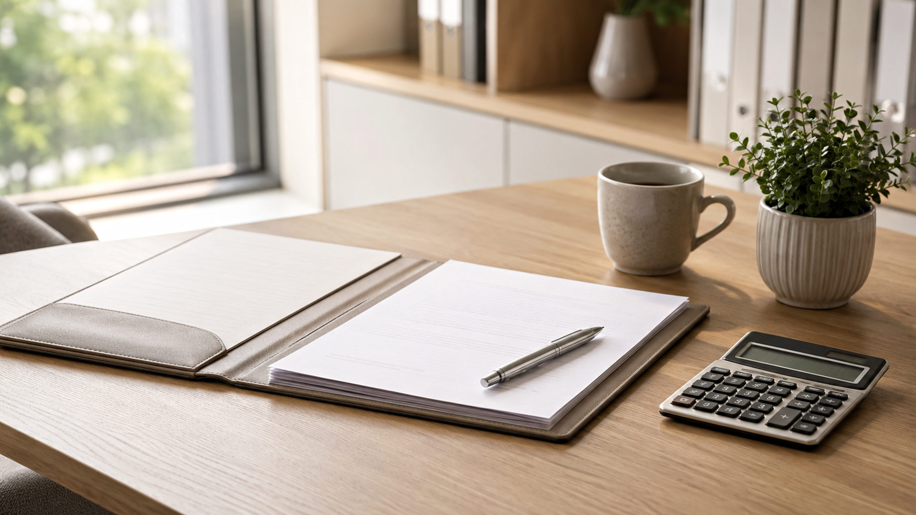 Organised loan documents, a pen, and calculator arranged on a minimalist office desk beside a coffee cup and small plant.