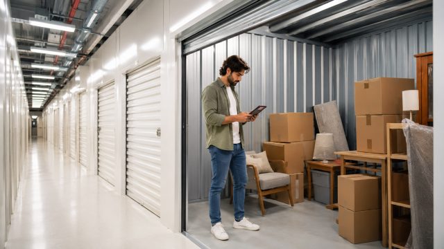 Man using a tablet inside a self storage unit filled with boxes, furniture, and household items beside a clean storage facility corridor.