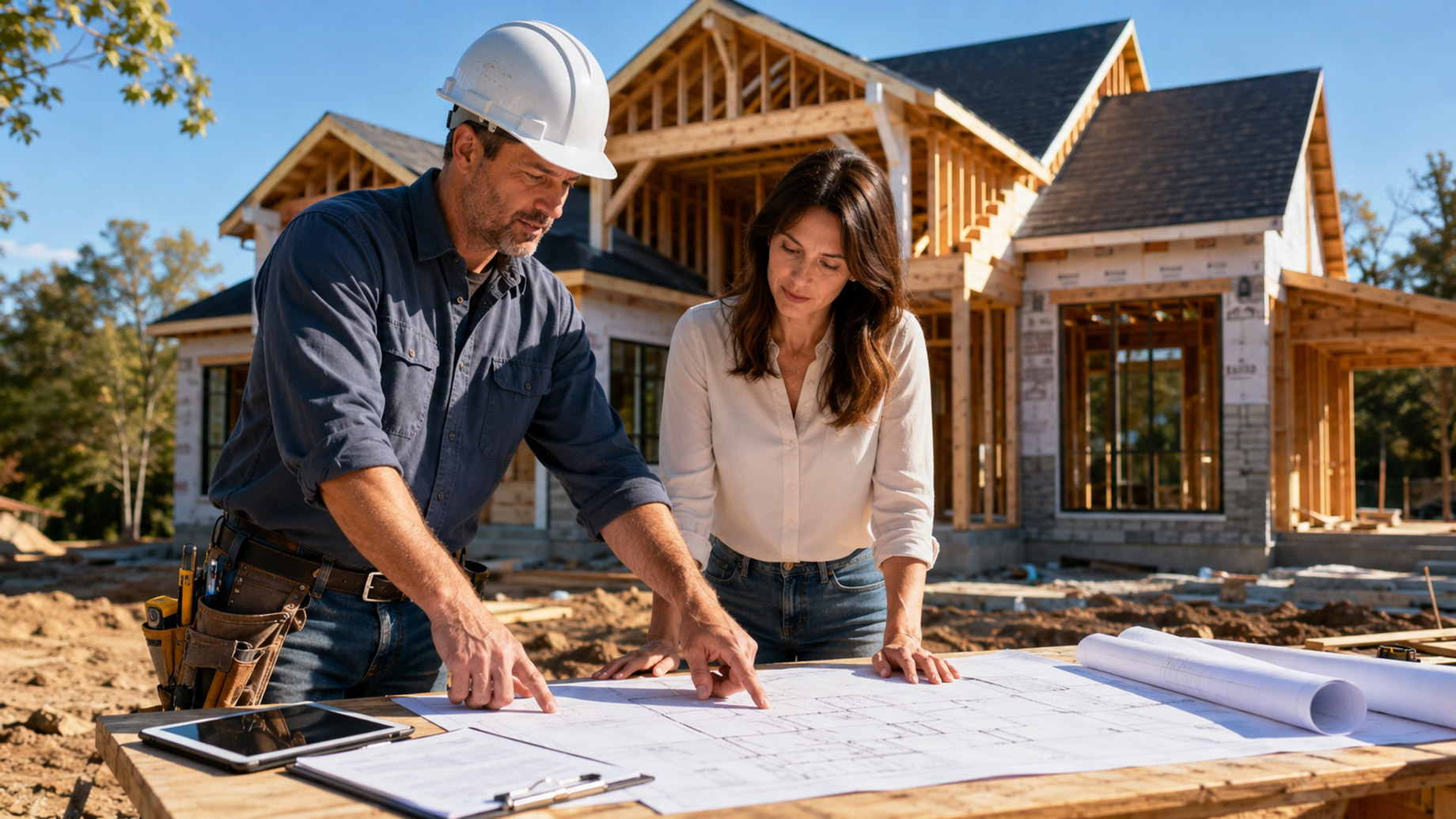 Builder and homeowner reviewing blueprints at an active residential construction site with a framed custom home in the background.
