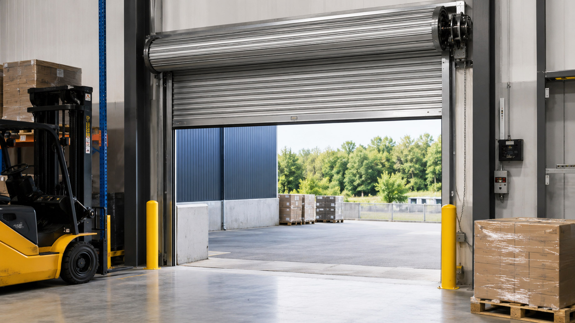 Open rolling steel door at a warehouse loading dock with pallets, a forklift, yellow bollards, and industrial door hardware.