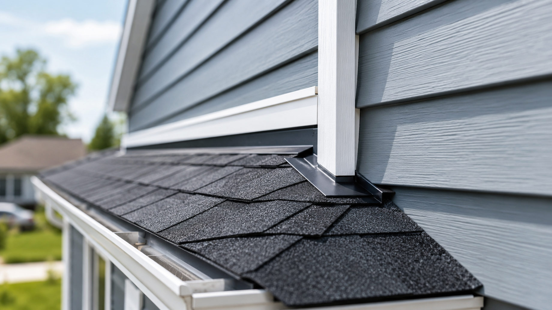 Close-up of dark asphalt roof shingles meeting blue horizontal siding, with white trim and flashing sharply detailed against a softly blurred background.