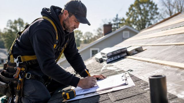Roofer on a residential roof reviewing plans with a pencil and clipboard beside roofing materials, tools, and safety equipment.