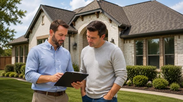 Two men reviewing roofing project details on a clipboard while standing outside a suburban brick home with a shingle roof.