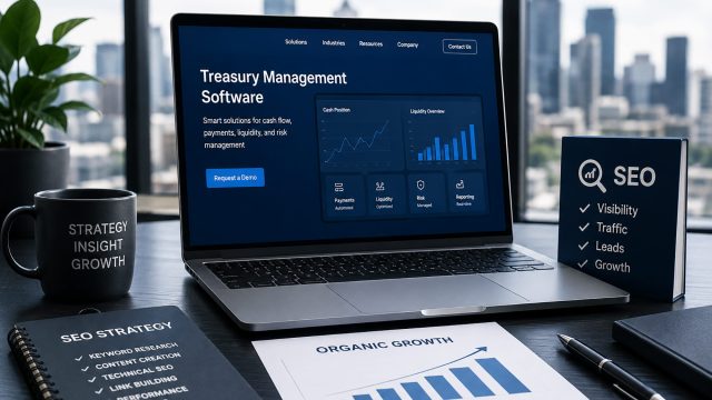 Treasury management software dashboard displayed on a laptop beside SEO planning materials, organic growth data, and business performance indicators.