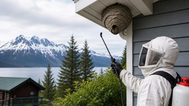 Pest control technician treating a large wasp nest under a roof eave near mountains, evergreen trees, and a lake in Alaska.