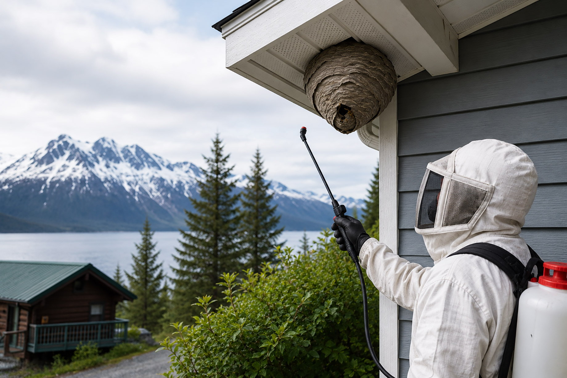 Pest control technician treating a large wasp nest under a roof eave near mountains, evergreen trees, and a lake in Alaska.