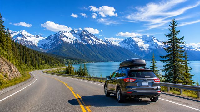 SUV with a roof carrier driving along a mountain highway beside a blue lake, evergreen forest, and snow-capped peaks.