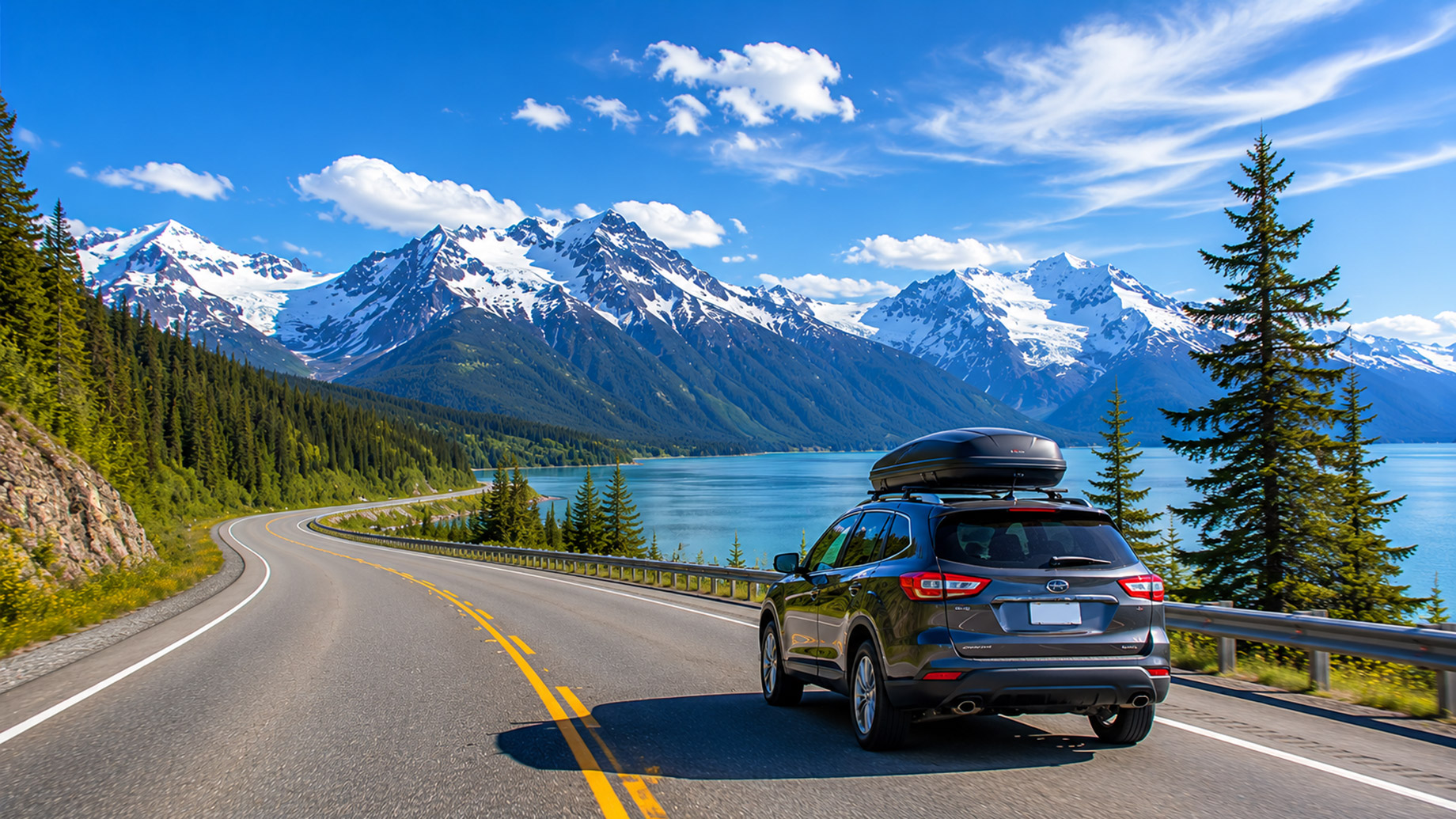 SUV with a roof carrier driving along a mountain highway beside a blue lake, evergreen forest, and snow-capped peaks.