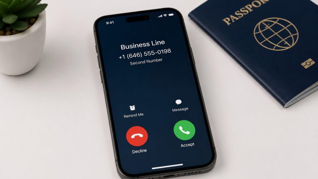 Smartphone displaying an incoming call through a dedicated business line beside a passport on a clean travel workspace.