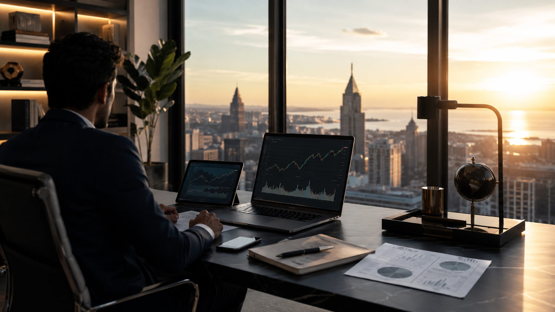 Investor viewed from behind managing a self-directed portfolio on a laptop and tablet in a modern luxury office overlooking the city.