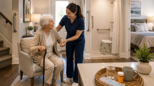 Older woman receiving mobility assistance from a caregiver in a home with grab bars, an accessible shower, medication, and hydration support.