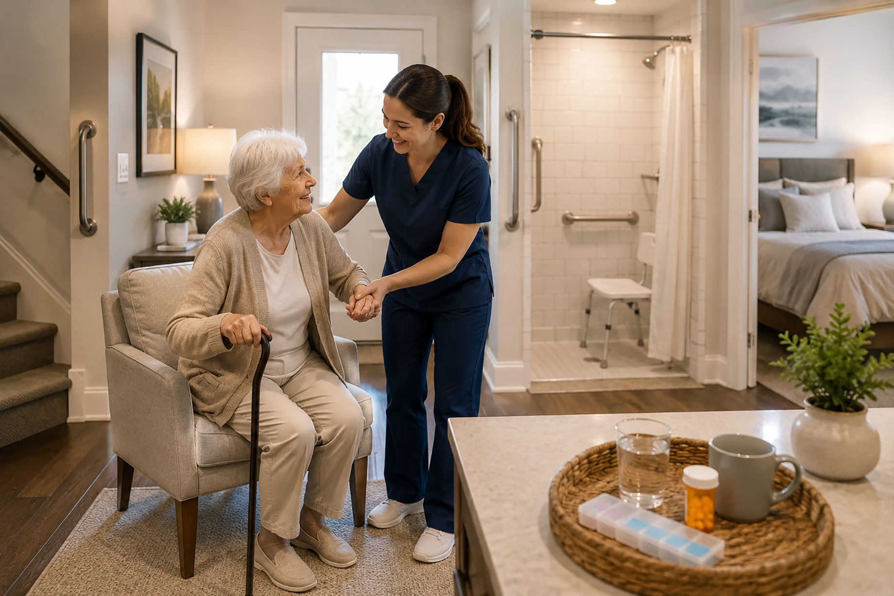 Older woman receiving mobility assistance from a caregiver in a home with grab bars, an accessible shower, medication, and hydration support.