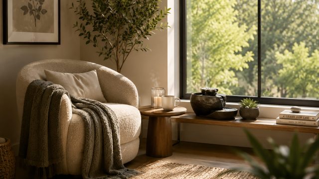 Serene reading nook with a cream lounge chair, textured throw, natural wood tables, indoor greenery, and a tabletop water feature beside a large window.