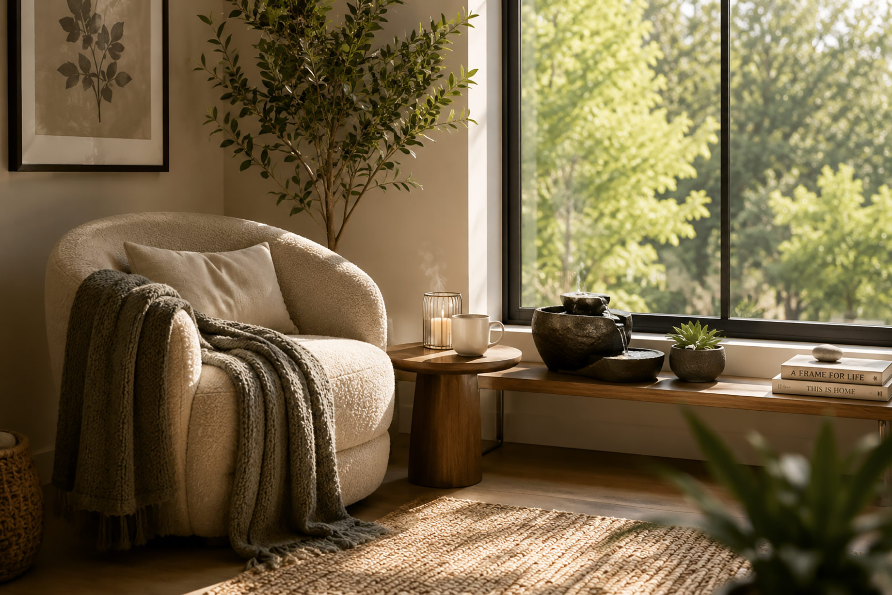 Serene reading nook with a cream lounge chair, textured throw, natural wood tables, indoor greenery, and a tabletop water feature beside a large window.