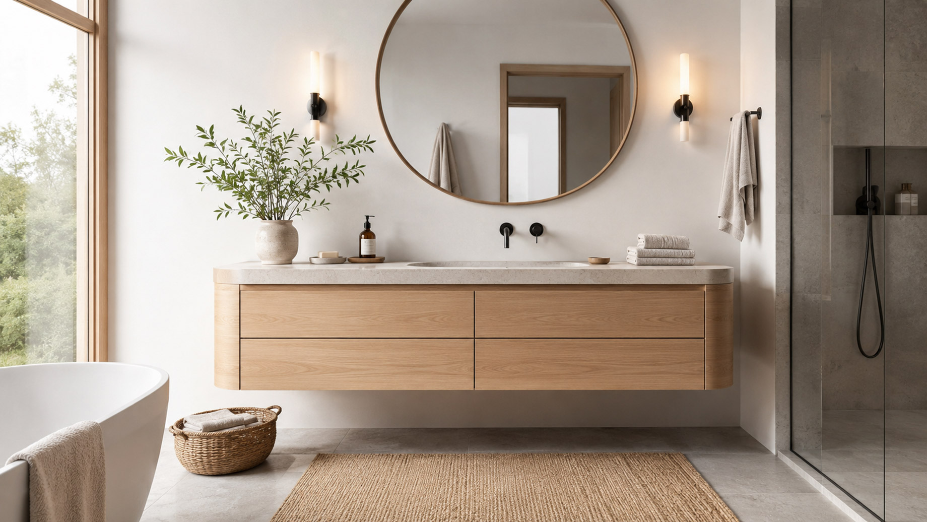 Scandinavian bathroom with a floating light oak vanity, integrated stone basin, round mirror, natural textures, and minimalist black fixtures.