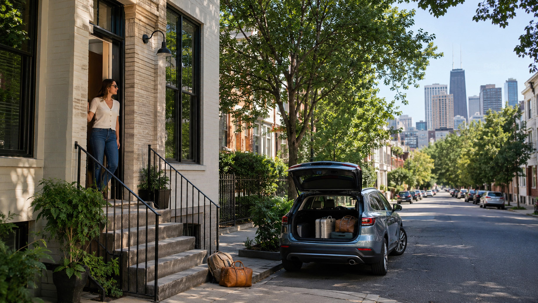 Traveler standing at a townhouse entrance while an SUV with luggage is parked on a leafy city street with the Chicago skyline in the distance.