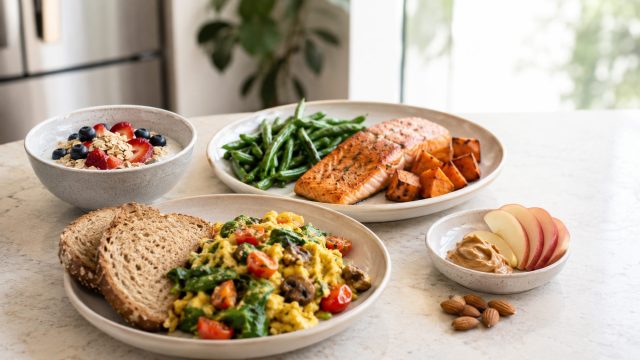 Selection of balanced meals including a vegetable egg scramble, yogurt with berries, baked salmon with sweet potato, green beans, apples, and peanut butter.