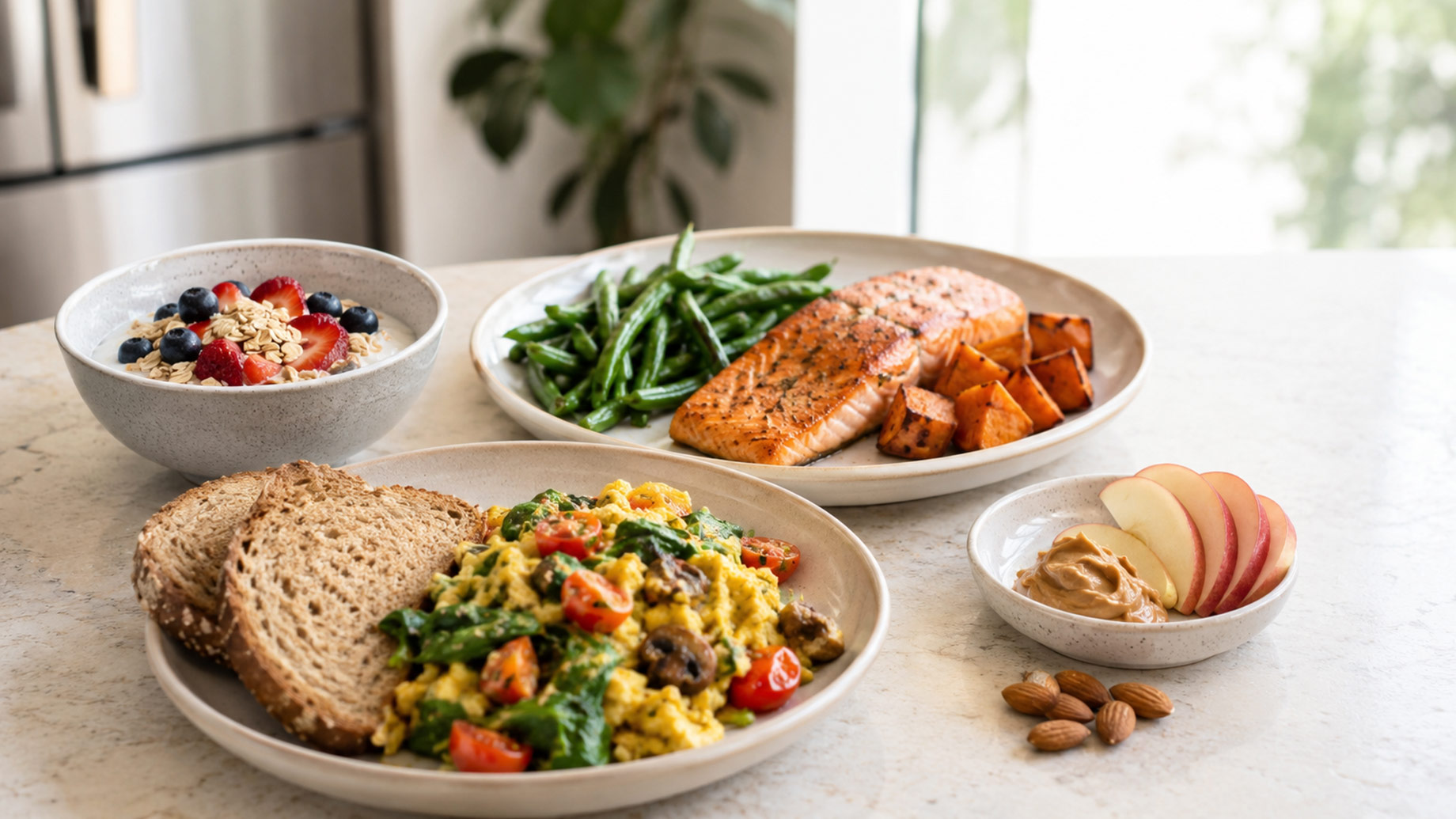 Selection of balanced meals including a vegetable egg scramble, yogurt with berries, baked salmon with sweet potato, green beans, apples, and peanut butter.